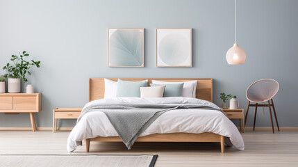 Fototapeta na wymiar Minimalist bedroom in soft pastel green and neutral colours, modern style bedroom interior design.