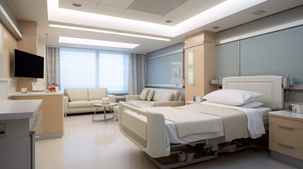 Fototapeta na wymiar Patient room with hospital bed, healthcare, insurance and sickness concept.