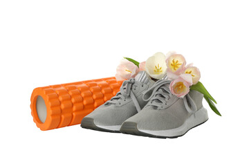 PNG, sneakers with sports accessories and flowers, isolated on white background.