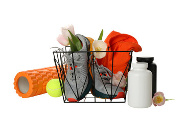 PNG, basket with sports accessories and flowers, isolated on white background.