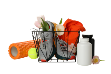 PNG, basket with sports accessories and flowers, isolated on white background.
