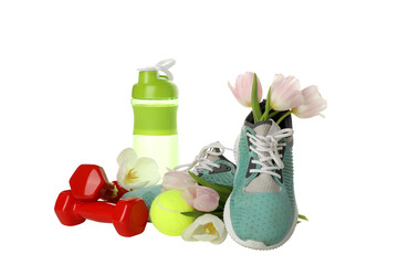PNG, sneakers with sports accessories and flowers, isolated on white background.