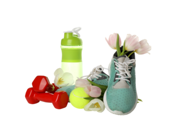 PNG, sneakers with sports accessories and flowers, isolated on white background.