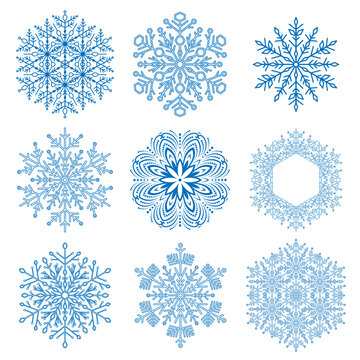 Set of vector snowflakes. Collection of winter ornaments. Snowflakes blue white collection. Snowflakes for backgrounds and designs