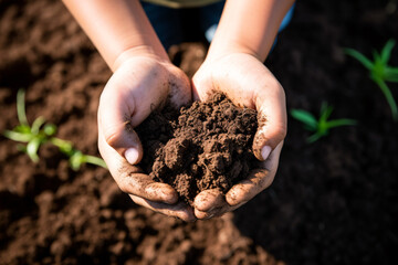 Fertile soil in kid hands, soil conservation, sustainability and earthday concept.