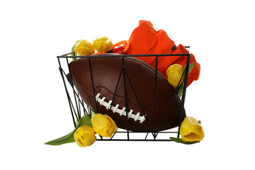 PNG, basket with sports accessories and flowers, isolated on white background.