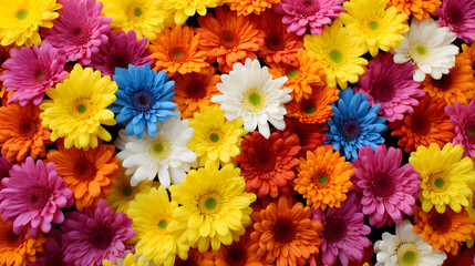 a bunch of colorful flowers laid out in a bowl - obrazy, fototapety, plakaty