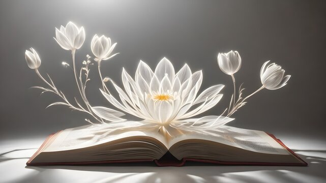 white flower coming out of  open magical book 