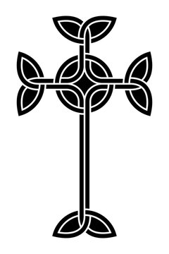 Interlaced Celtic cross. Form of a Latin cross, with triangular knots at its ends, intertwined with a circle in the center. Symbol and sign, used in medieval Christian ornamentation. Black and white.