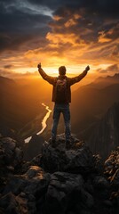 Fototapeta premium Man on top of a mountain celebrating the sunset