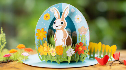 Popup decoration of an Easter bunny among spring flowers