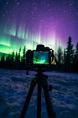 Fototapeta premium northern lights, aurora in violet-green tones, natural phenomenon