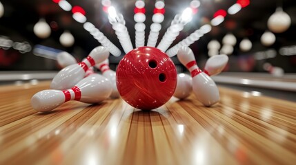 Close-Up Bowling Strike.
Close-up view of a bowling ball striking down pins, highlighting the thrill of scoring.