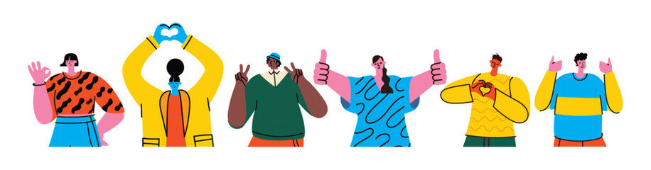 Happy positive people. Man and woman team gesturing with hands, fingers. Love, support, solidarity, ok expressions. Flat graphic vector illustration isolated on white background