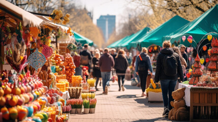 A colorful Easter market scene with stalls selling decorations - obrazy, fototapety, plakaty