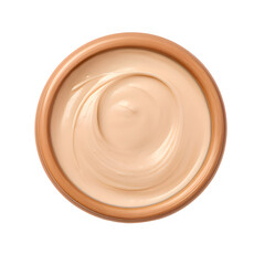 Sour cream in a brown clay bowl isolated on a png background. Top view with copy space.