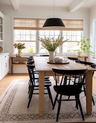 Black spindle chairs and a wood table in a bright dining room