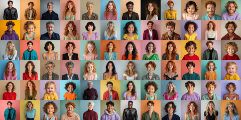 Portrait collage of happy people in front of monochromatic backgrounds