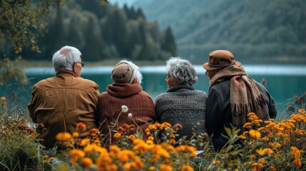 Senior Friends Sharing Peaceful Moment Overlooking Serene Lake.