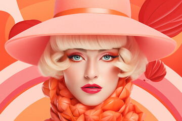 Vintage Vogue: Retro Fashion Model with Peach Tones and Bold Makeup