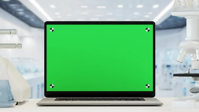 Laptop with green screen, close-up slow motion animation in a science research facility, 4k