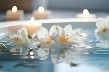 Naklejka na ściany i meble Luxury Spa Retreat: A Close-up View of a Modern and Luxurious Spa, Thoughtfully Decorated with Candles and Petals - Offering an Elegant and Serene Atmosphere for Ultimate Pampering.