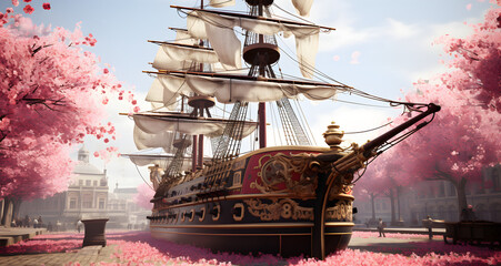 a large ship is sailing through the pink water