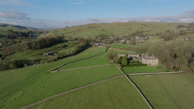 Establishing Drone Shot of Stainforth Yorkshire Dales Fields and Landscape