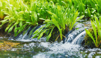 Gorgeous close-up view of a spring stream with vibrant green plants. Horizontal banner capturing the essence of spring. Abstract backdrop depicting the beauty of the outdoors in the wild