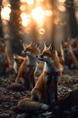 Obraz premium Foxes standing in the forest with setting sun shining. Group of wild animals in nature.