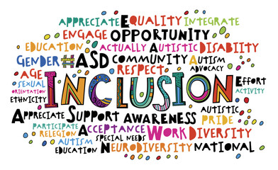 Inclusion word cloud. Equal opportunities poster, banner.