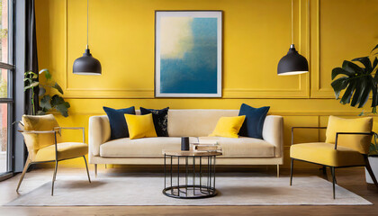 Classic home interior design featuring a beige sofa adorned with yellow pillows, complemented by two side tables with lamps, set against a vibrant yellow wall with a poster frame