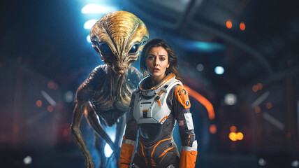 alien monster floats in spaceship, paralyzed young woman in astronaut suit, horror, sci-fi, future, fear of death, space