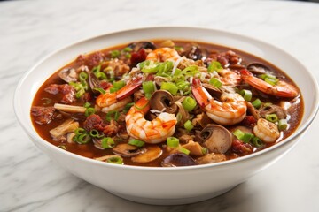 A Tempting Side View of a Bowl of Spicy Seafood Gumbo on a White Kitchen Dining Table - A Homemade Culinary Delight Bursting with Southern Comfort
