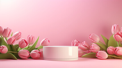 Spring podium mockup surrounded by tulip flowers