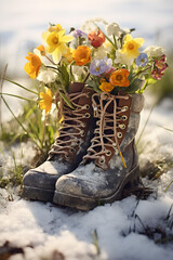 Boots with spring flowers on a meadow with grass growing through the melting snow. Concept of spring coming, winter leaving and gardening.