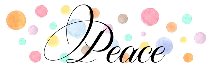 PEACE black PNG calligraphy with watercolor circles on transparent background