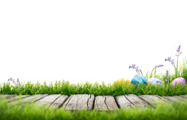 A line of painted easter eggs in the grass celebrating a Happy Easter with a wooden bench to place products on with green grass and transparent background
