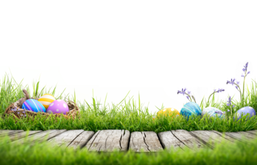 Three painted easter eggs in a birds nest and a line of painted easter eggs in the grass celebrating a Happy Easter with a wooden bench to place products on with green grass and transparent background