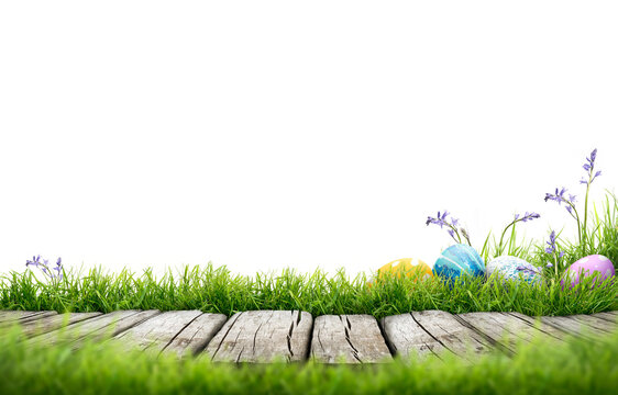 A line of painted easter eggs in the grass celebrating a Happy Easter with a wooden bench to place products on with green grass and transparent background
