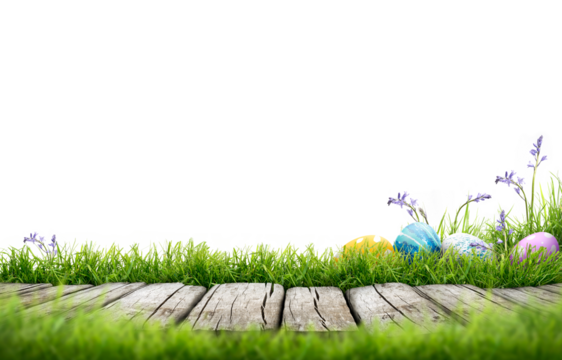 A line of painted easter eggs in the grass celebrating a Happy Easter with a wooden bench to place products on with green grass and transparent background