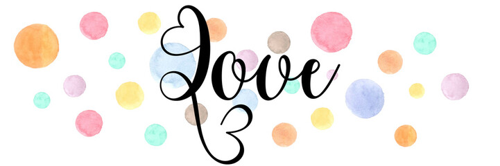 LOVE black PNG calligraphy with watercolor circles on transparent background