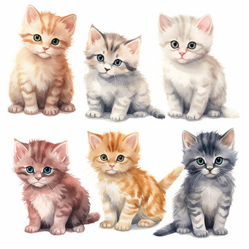 Cute kittens set isolated on white background. Watercolor illustration.