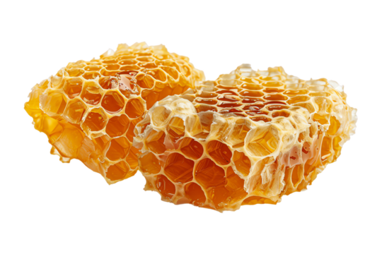 Isolated honeycomb with golden honey, bee-inspired sweet dessert, showcasing nature's intricate hexagonal pattern in a close-up macro shot on a white background
