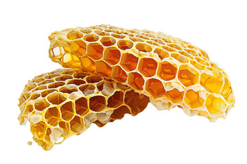 Isolated white background showcases a close-up view of golden honeycomb, highlighting intricate hexagonal cells with a mix of honey, beeswax, and bees, capturing the essence of nature's healthy and sw