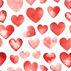 Seamless pattern with red watercolor hearts on a white background