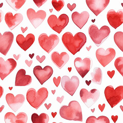 Seamless pattern with watercolor red hearts on white background.