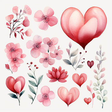 Set of watercolor flowers and hearts. Hand drawn vector illustration.