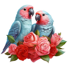 Two Parakeets with Roses. AI Generated Image