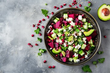 Beetroot salad with avocado cucumber feta and pomegranate topped with sesame seeds and flax on a gray background